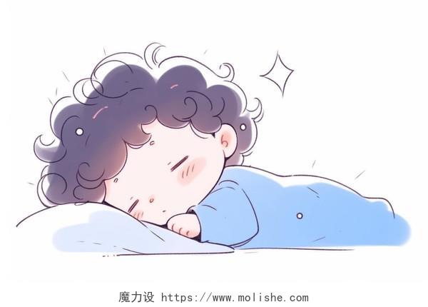 一个卷发的小男孩睡在床上卡通AI插画